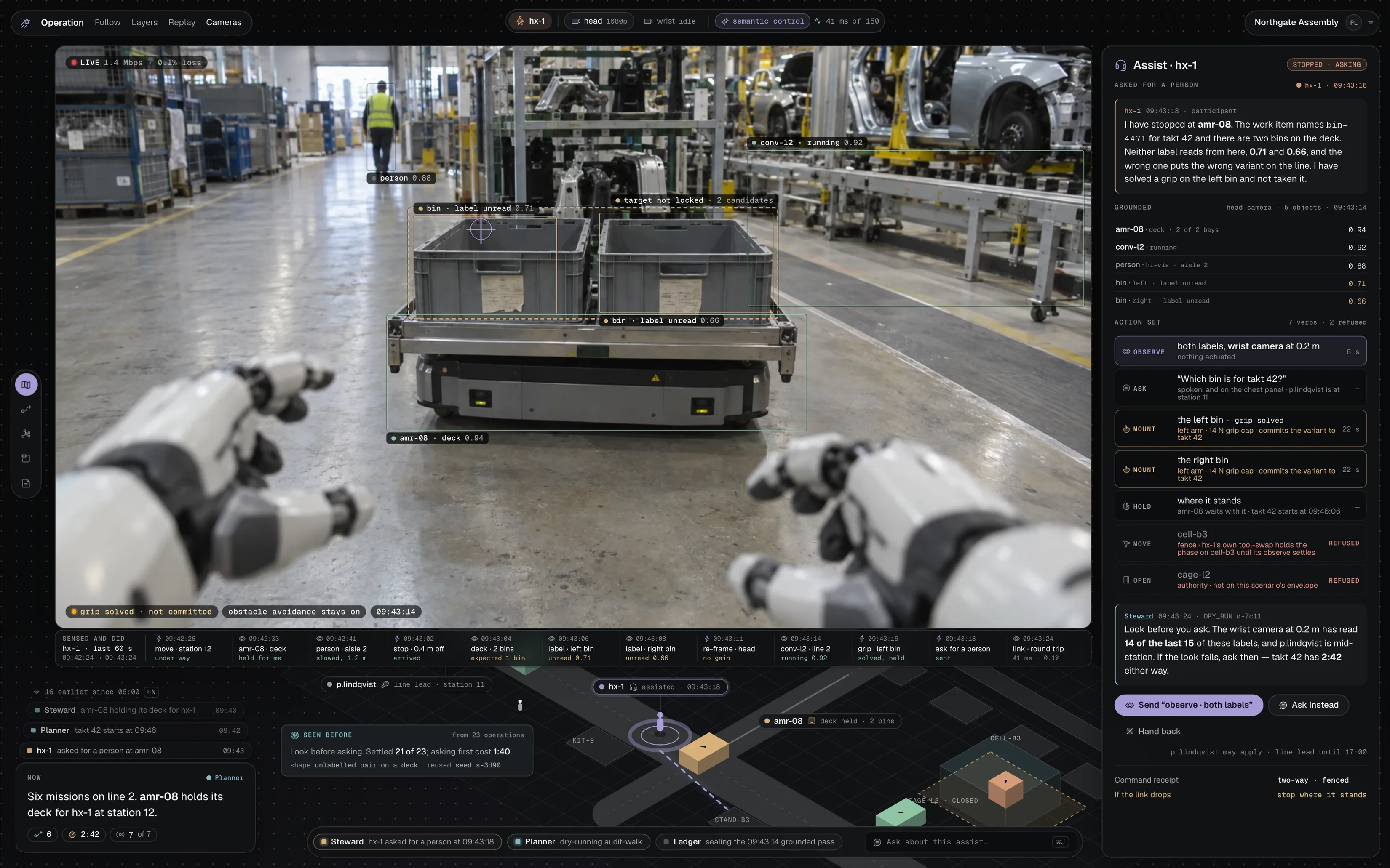 A person looking through a humanoid's own head camera at two unlabelled bins on a carrier's deck, the unit's detections drawn on the frame, a strip of the last sixty seconds it sensed and did, and its verbs listed beside it with two refused, one by a fence and one by its authority