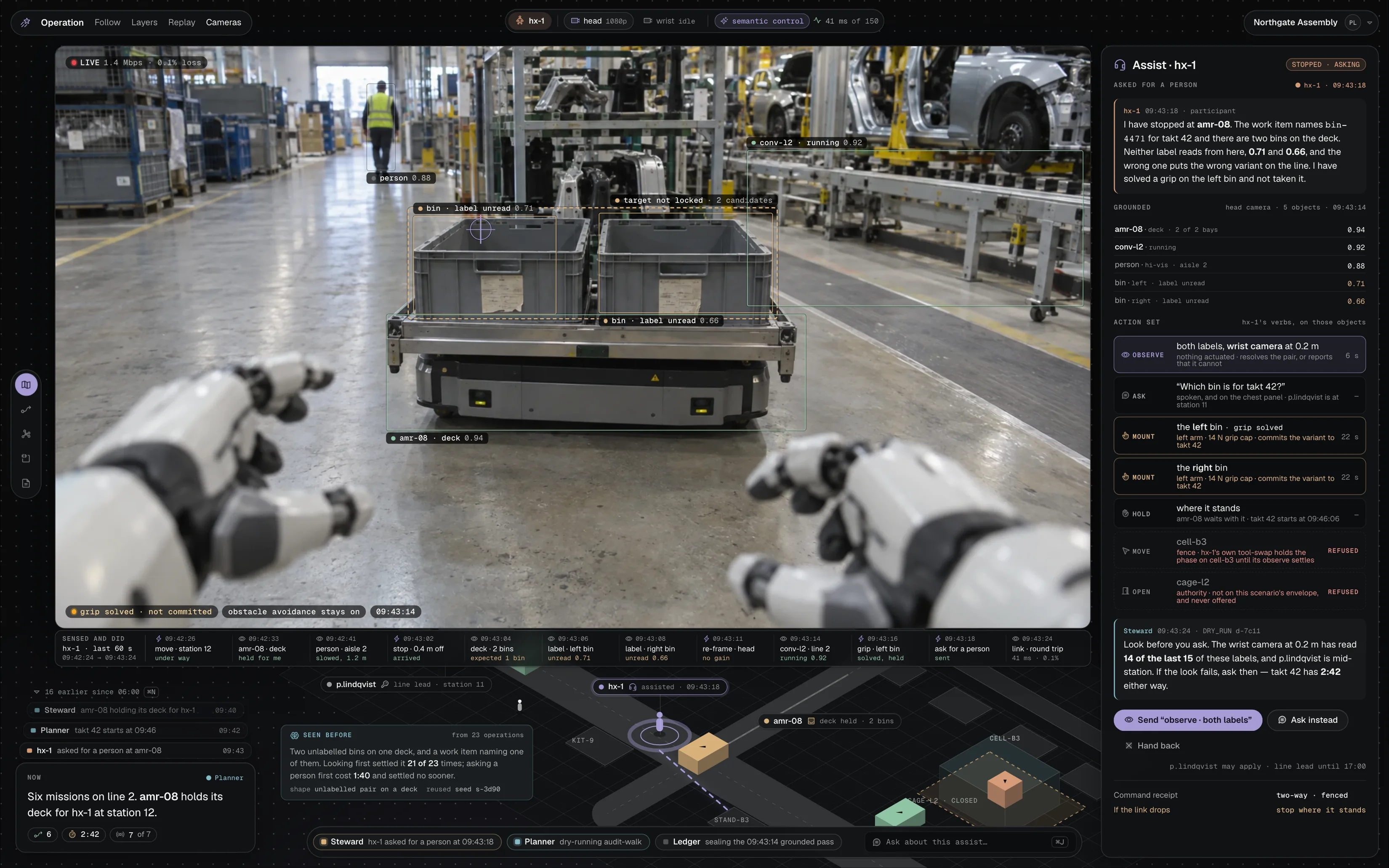 A person looking through a humanoid's own head camera at two unlabelled bins on a carrier's deck, the unit's detections drawn on the frame, a strip of the last sixty seconds it sensed and did, and its verbs listed beside it with two refused, one by a fence and one by its authority
