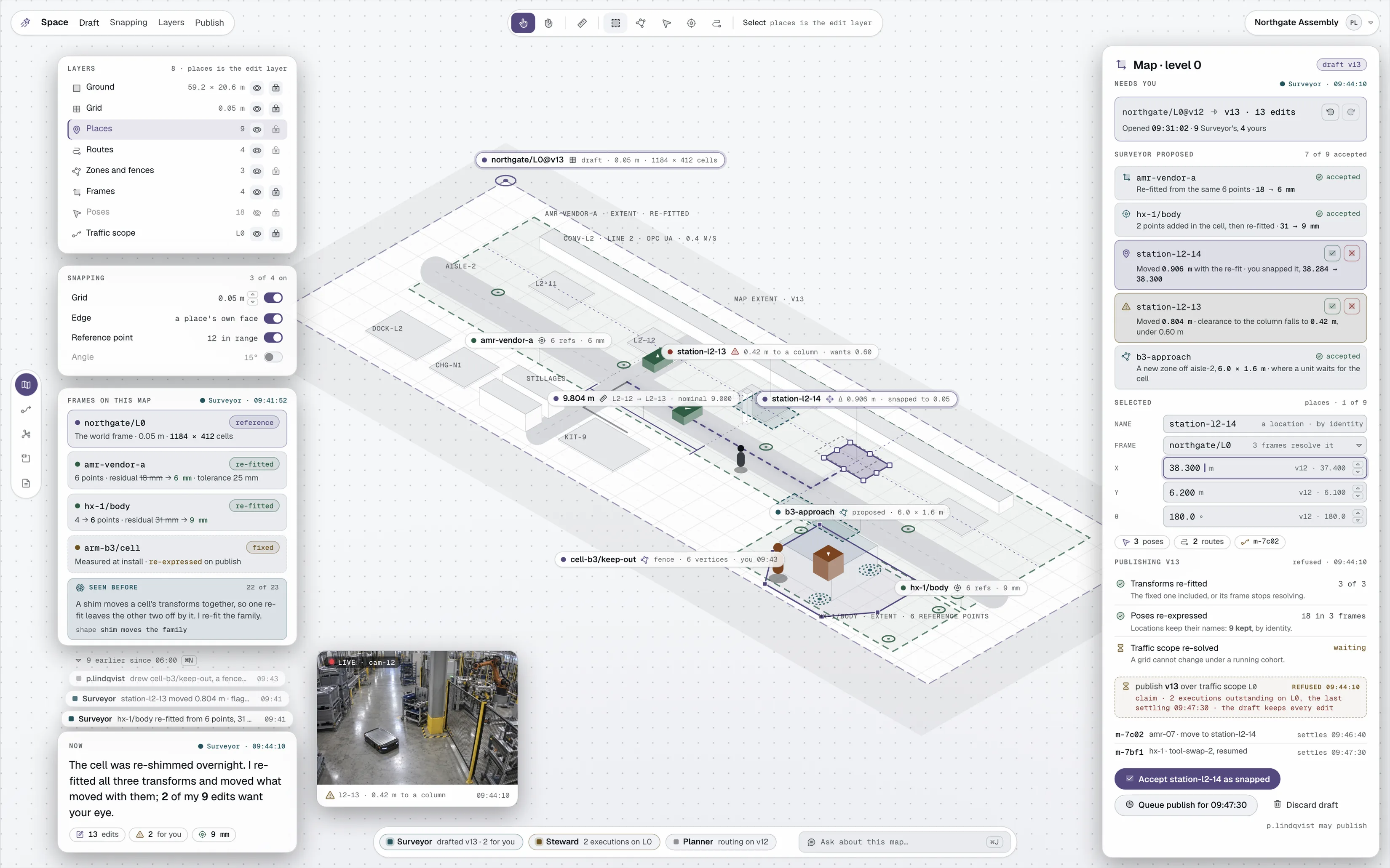 The map editor for level 0 of the Northgate Assembly operation: a draft the Surveyor agent re-fitted overnight, nine proposed edits with two waiting for a person, a publish the traffic scope refuses while two executions are outstanding, and a live frame from the cell showing the station standing close beside a structural column