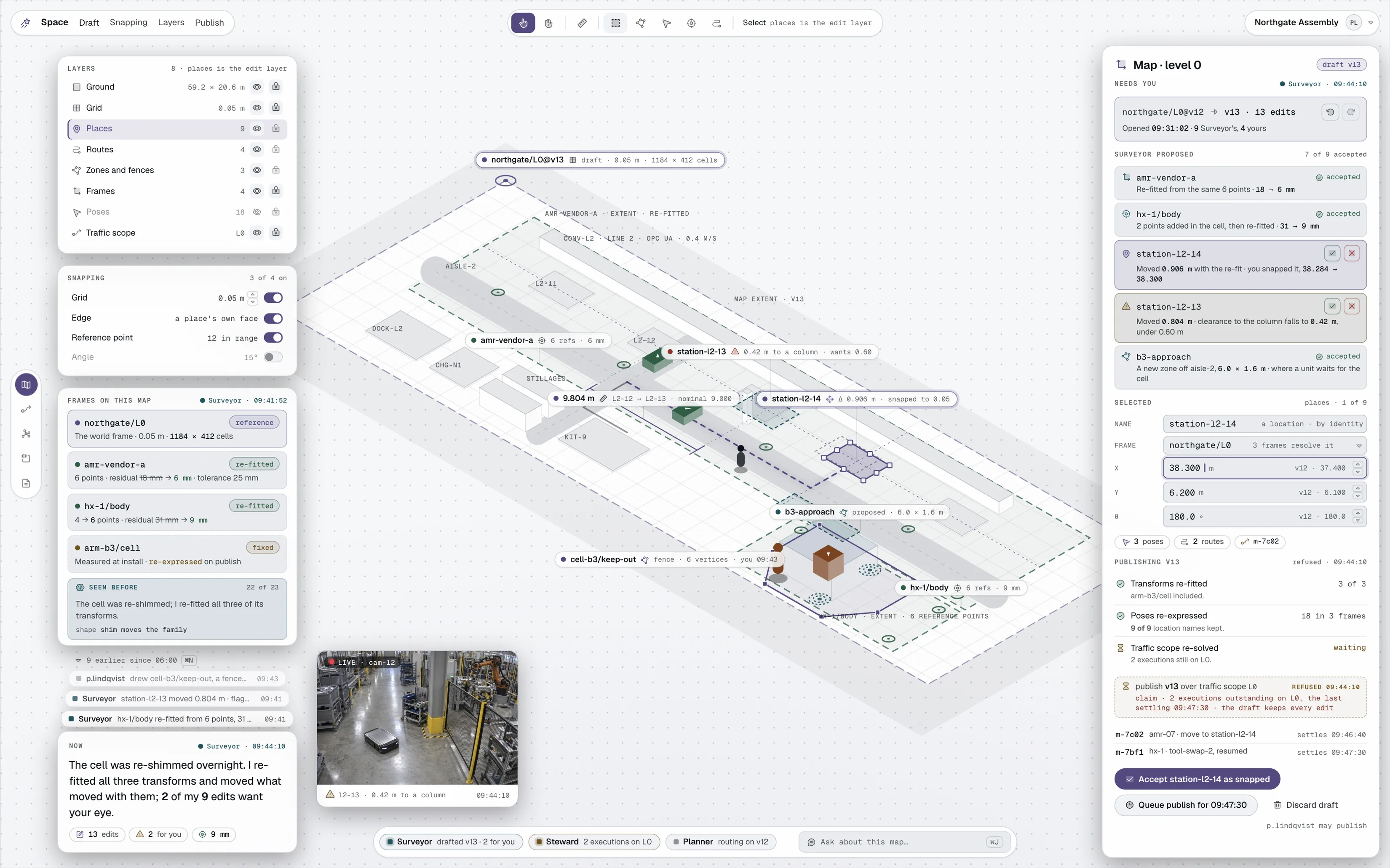 The map editor for level 0 of the Northgate Assembly operation: a draft the Surveyor agent re-fitted overnight, nine proposed edits with two waiting for a person, a publish the traffic scope refuses while two executions are outstanding, and a live frame from the cell showing the station standing close beside a structural column