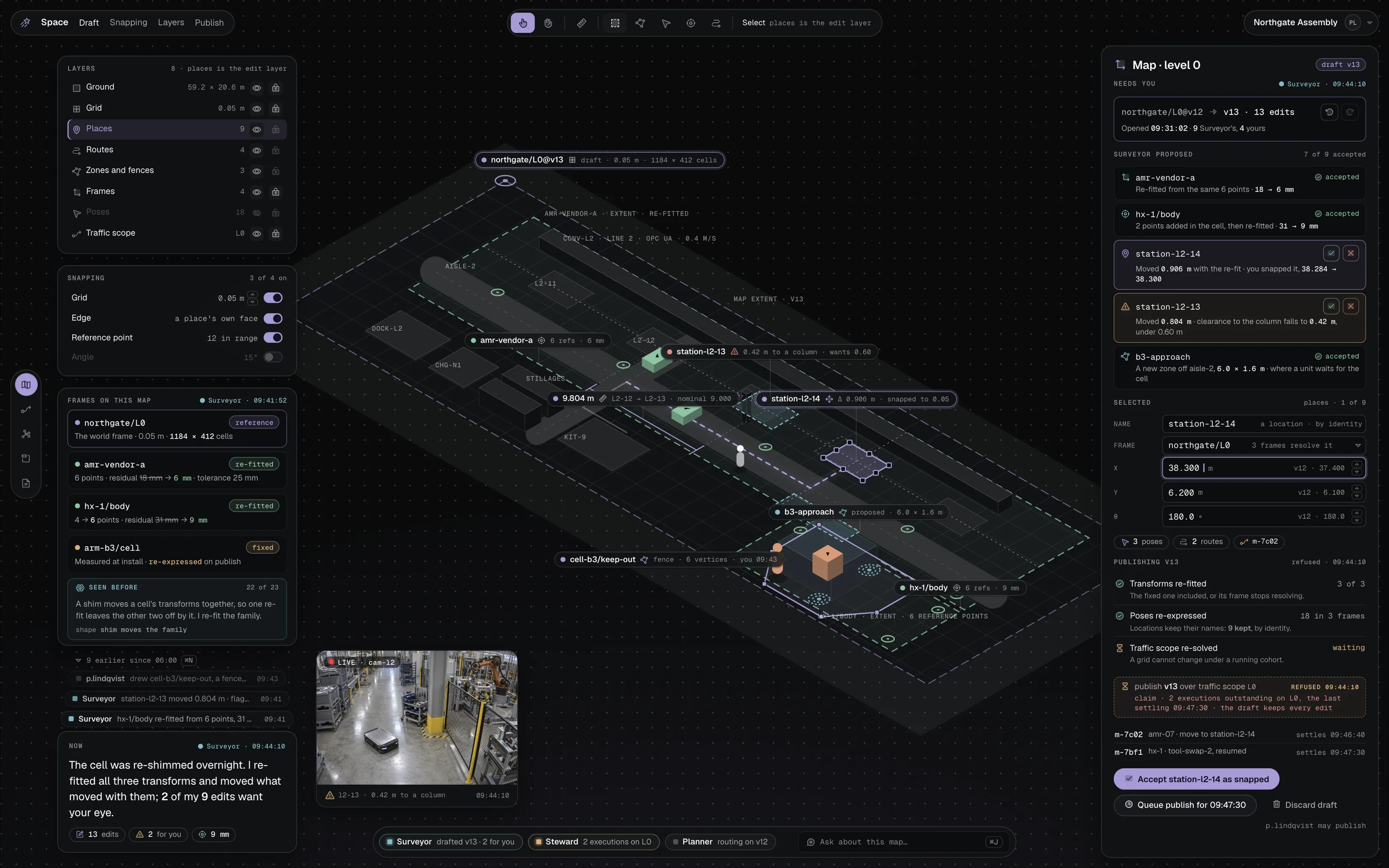The map editor for level 0 of the Northgate Assembly operation: a draft the Surveyor agent re-fitted overnight, nine proposed edits with two waiting for a person, a publish the traffic scope refuses while two executions are outstanding, and a live frame from the cell showing the station standing close beside a structural column